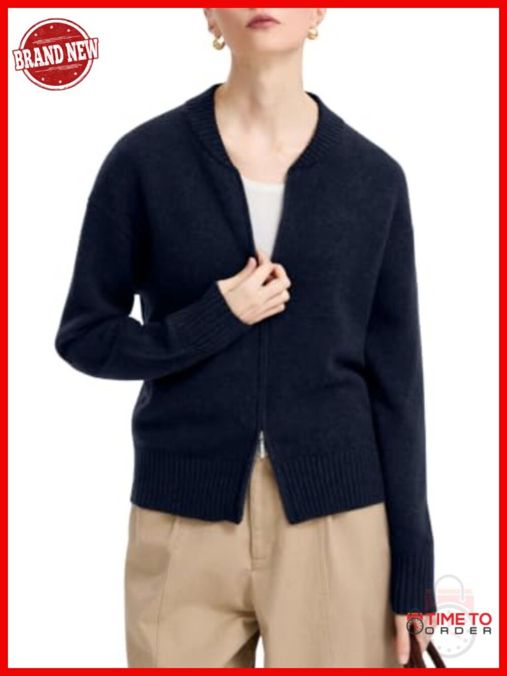 Women's Merino Wool Cardigan Sweater Baseball Collar Winter Jacket Hidden Zipper